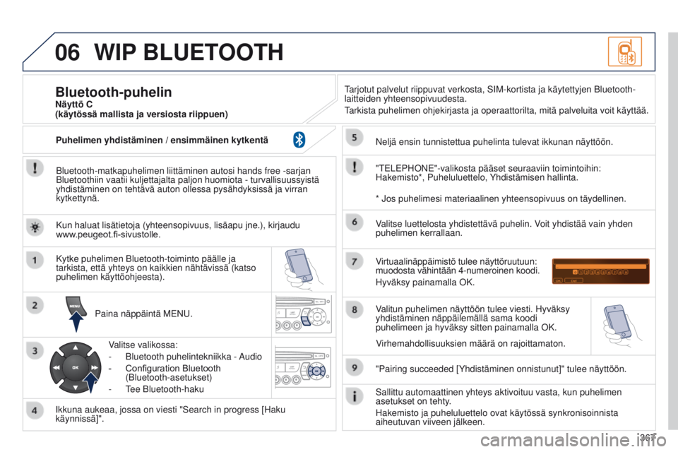 PEUGEOT 3008 2014  Omistajan Käsikirja (in Finnish) 06
367
3008_fi_Chap12d_RD45_ed01_2013
WIP BLUETOOTH
Bluetooth-matkapuhelimen liittäminen autosi hands free -sarjan 
Bluetoothiin vaatii kuljettajalta paljon huomiota - turvallisuussyistä\
 
yhdistä