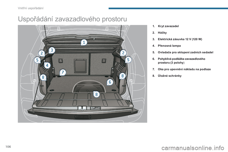 PEUGEOT 3008 2014 Návod na použití (in Czech) 106
Uspořádání zavazadlového prostoru
1. Kr yt zavazadel
2.
H
áčky
3.
E
lektrická zásuvka 12 V (120 W)
4.
P
řenosná lampa
5.
O
vladače pro sklopení zadních sedadel
6.
P
ohyb PEUGEOT 3008 2014 Návod na použití (in Czech) 106
Uspořádání zavazadlového prostoru
1. Kr yt zavazadel
2.
H
áčky
3.
E
lektrická zásuvka 12 V (120 W)
4.
P
řenosná lampa
5.
O
vladače pro sklopení zadních sedadel
6.
P
ohyb