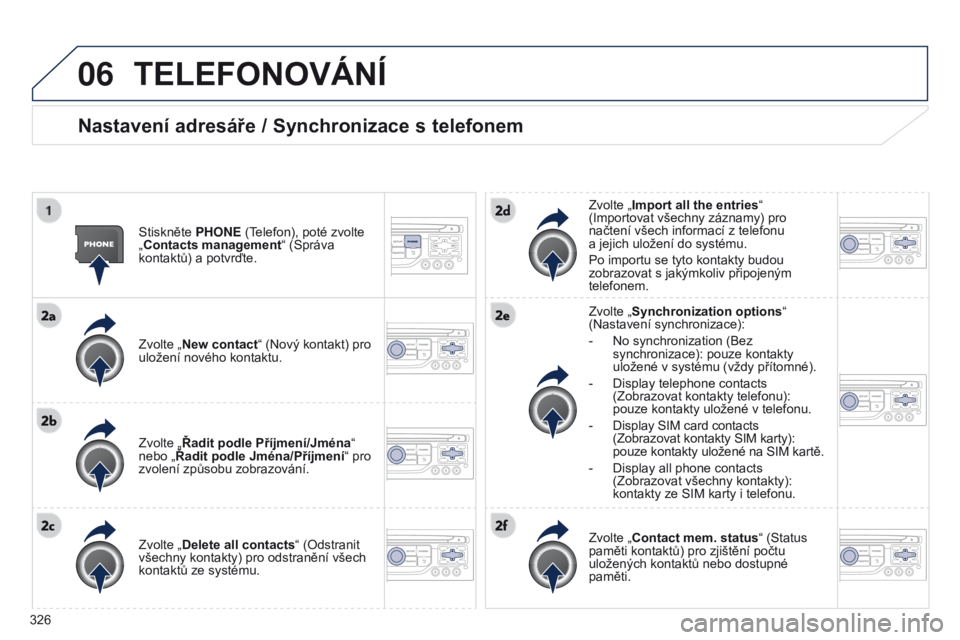 PEUGEOT 3008 2014  Návod na použití (in Czech) 06
326
3008_cs_Chap12c_RT6-2-8_ed01-2014
TELEFONOVáNí
Nastavení adresáře / Synchronizace s telefonem
Stiskněte PHONE (Telefon), poté zvolte 
„Contacts management“ (Správa 
kontaktů) a pot
