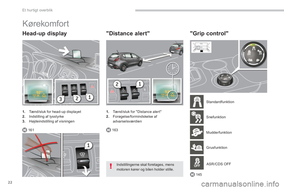 PEUGEOT 3008 2013.5.  Brugsanvisning (in Danish) 161163
145
Et hur tigt overblik
22
  Kørekomfort 
 
 
Head-up display 
 
 
 
1. 
  Tænd/sluk for head-up displayet 
   
2. 
  Indstilling af lysstyrke 
   
3. 
  Højdeindstilling af visningen  
 
 