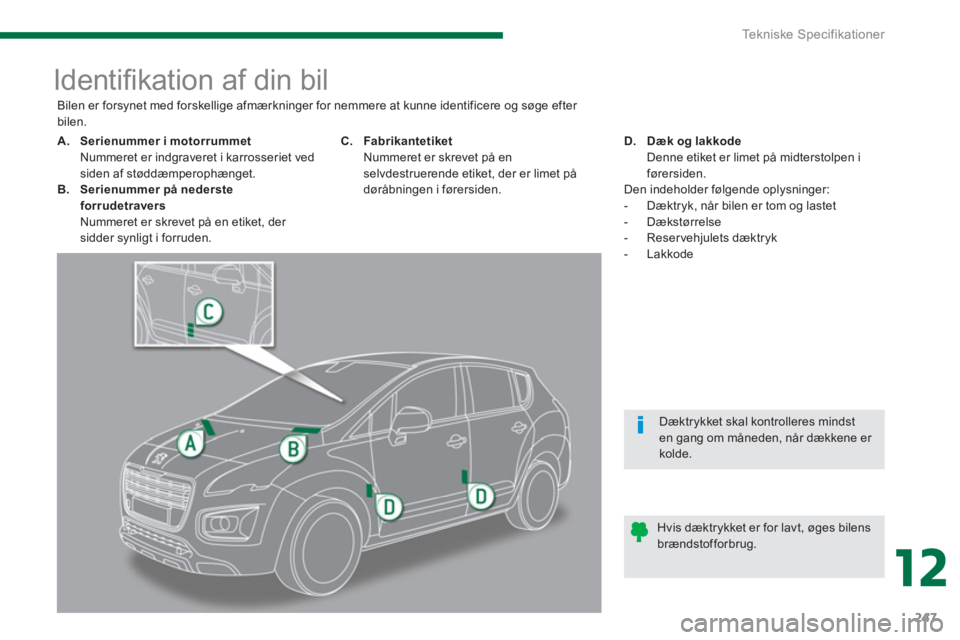 PEUGEOT 3008 2013.5. Brugsanvisning (in Danish) 12
Tekniske Specifikationer
247
Identifi kation af din bil
A.
Serienummer i motorrummet
Nummeret er indgraveret i karrosseriet ved
PEUGEOT 3008 2013.5. Brugsanvisning (in Danish) 12
Tekniske Specifikationer
247
Identifi kation af din bil
A.
Serienummer i motorrummet
Nummeret er indgraveret i karrosseriet ved