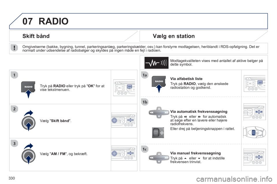 PEUGEOT 3008 2013.5.  Brugsanvisning (in Danish) 07
330   
Via alfabetisk liste 
  Tryk på  RADIO 
, vælg den ønskede 
radiostation og godkend.  
   
Via automatisk frekvenssøgning 
  Tryk på  �   
eller  �   
for automatisk 
at søge efter e