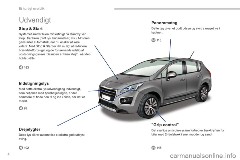 PEUGEOT 3008 2013.5.  Brugsanvisning (in Danish) 183
99
10211 8
145
Et hur tigt overblik
4
  Udvendigt  
 
 
"Grip control" 
 
Det særlige antispin-system forbedrer trækkraften for 
biler med 2-hjulstræk i sne, mudder og sand.  
 
 
 
Indstigning