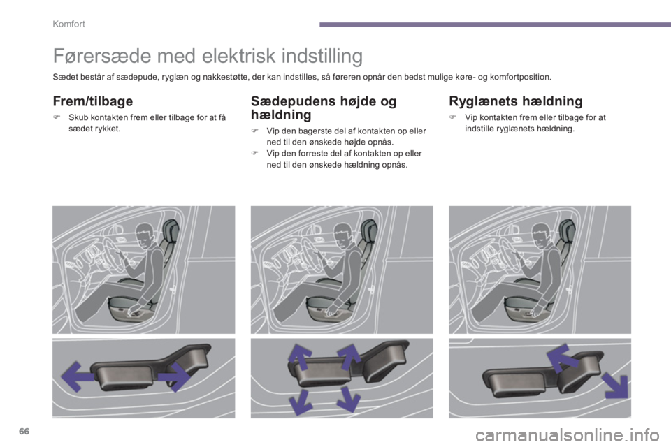 PEUGEOT 3008 2013.5.  Brugsanvisning (in Danish) Komfor t
66
   
 
 
 
 
 
 
 
 
 
 
Førersæde med elektrisk indstilling 
 
 
Frem/tilbage 
 
 
 
�) 
  Skub kontakten frem eller tilbage for at få 
sædet rykket.  
 
 
 
Sædepudens højde og 
hæ