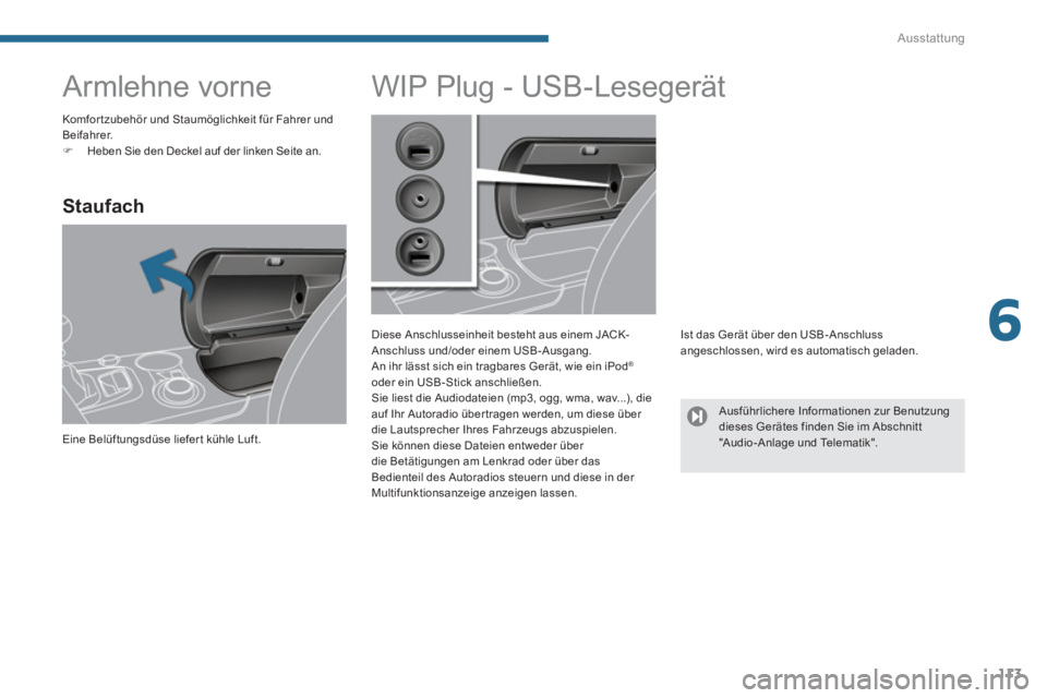 PEUGEOT 3008 2013.5.  Betriebsanleitungen (in German) 6
Ausstattung
113
   
 
 
 
 
 
 
 
Armlehne vorne 
 
 
Staufach 
 
Eine Belüftungsdüse liefer t kühle Luft.  
 
 
 
 
 
 
 
 
 
 
 
 
 
 
 
WIP Plug - USB-Lesegerät 
 
 
Diese Anschlusseinheit be