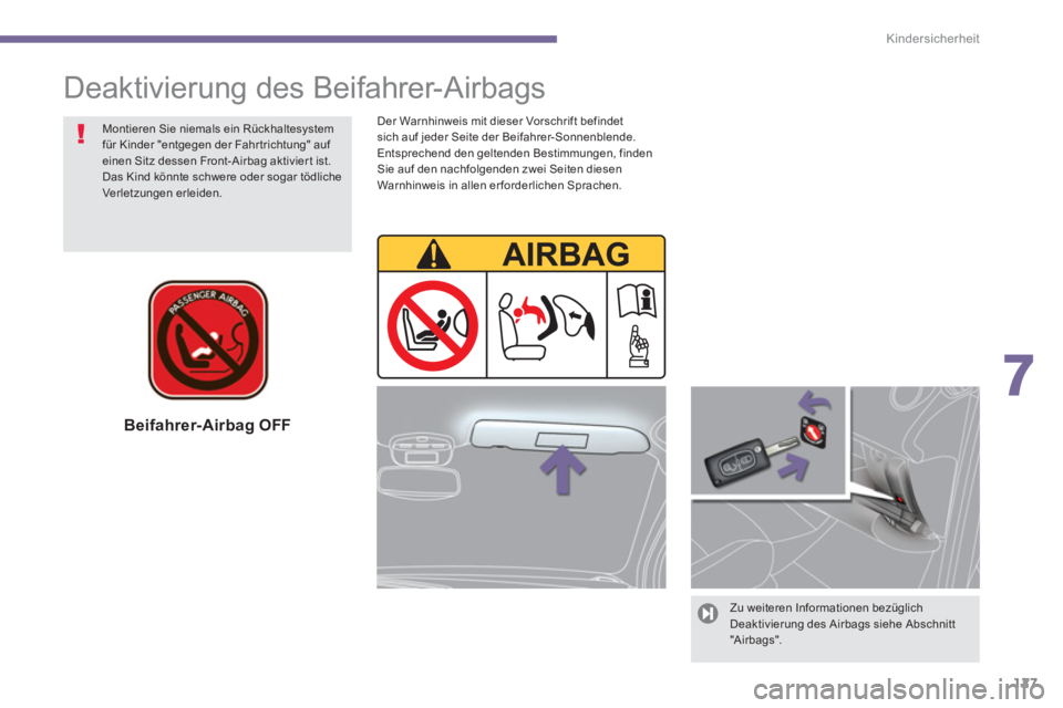 PEUGEOT 3008 2013.5.  Betriebsanleitungen (in German) 7
Kindersicherheit
127
   
Beifahrer-Airbag OFF  
 
 
Zu weiteren Informationen bezüglich 
Deaktivierung des Airbags siehe Abschnitt 
"A ir bags".  
     
Montieren Sie niemals ein Rückhaltesystem 
