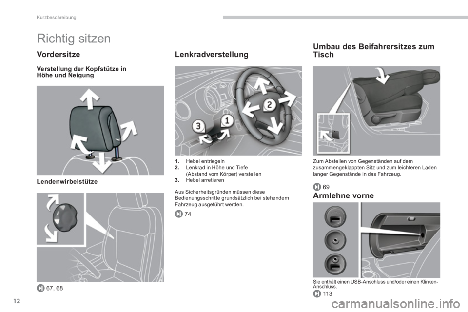 PEUGEOT 3008 2013.5.  Betriebsanleitungen (in German) 67, 68
74
69
11 3
Kurzbeschreibung
12
  Richtig sitzen 
 
 
Vord er si t ze 
 
 
Verstellung der Kopfstütze in 
Höhe und Neigung  
   
Lendenwirbelstütze  
 
 
 
Lenkradverstellung 
 
 
 
1. 
 Hebe
