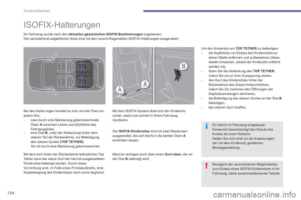 PEUGEOT 3008 2013.5. Betriebsanleitungen (in German) Kindersicherheit
134
ISOFIX-Halterungen
Bei den Halterungen handelt es sich um drei Ösen an
jedem Sitz:
- zwei durch eine Markierung gekennzeichnete
Ösen A PEUGEOT 3008 2013.5. Betriebsanleitungen (in German) Kindersicherheit
134
ISOFIX-Halterungen
Bei den Halterungen handelt es sich um drei Ösen an
jedem Sitz:
- zwei durch eine Markierung gekennzeichnete
Ösen A
