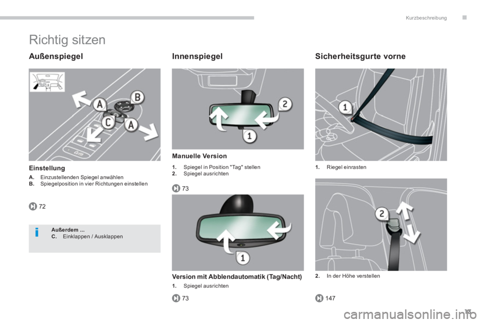 PEUGEOT 3008 2013.5.  Betriebsanleitungen (in German) .
72
73
73147
Kurzbeschreibung
13
  Richtig sitzen 
 
 
Außenspiegel 
 
 
Einstellung 
 
 
A. 
  Einzustellenden Spiegel anwählen 
   
B. 
  Spiegelposition in vier Richtungen einstellen 
 
 
Innens