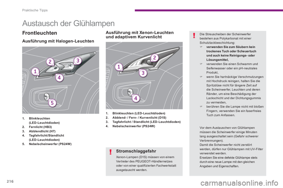 PEUGEOT 3008 2013.5.  Betriebsanleitungen (in German) Praktische Tipps
216
   
 
 
 
 
 
 
 
 
 
 
Austausch der Glühlampen 
 
 
 
 
 
 
 
 
 
 
 
 
 
 
 
 
 
 
 
 
 
 
 
 
Ausführung mit Halogen-Leuchten 
 
 
 
1. 
  Blinkleuchten 
   
    (LED-Leucht