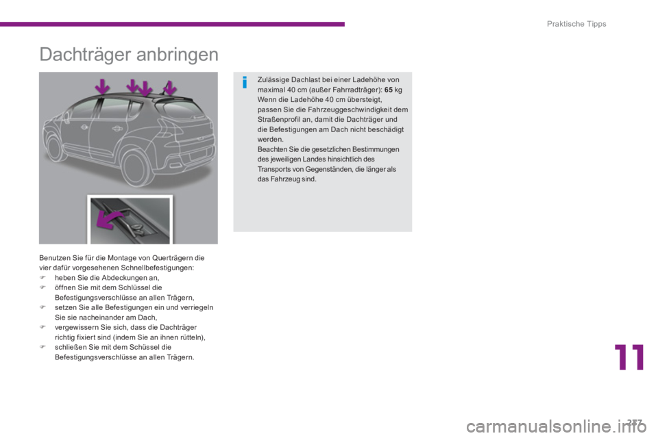PEUGEOT 3008 2013.5.  Betriebsanleitungen (in German) 11
Praktische Tipps
237
   
 
 
 
 
 
 
 
 
 
 
Dachträger anbringen 
 
 
Benutzen Sie für die Montage von Quer trägern die 
vier dafür vorgesehenen Schnellbefestigungen: 
   
 
�) 
  heben Sie di