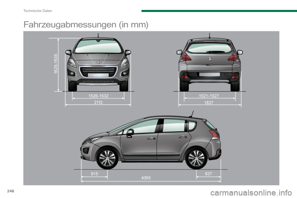PEUGEOT 3008 2013.5. Betriebsanleitungen (in German) Te c h n i s c h e D a t e n
246
Fahrzeugabmessungen (in mm) PEUGEOT 3008 2013.5. Betriebsanleitungen (in German) Te c h n i s c h e D a t e n
246
Fahrzeugabmessungen (in mm)