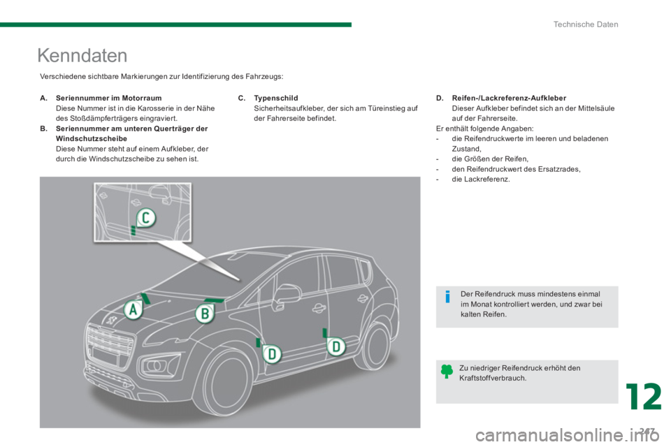 PEUGEOT 3008 2013.5. Betriebsanleitungen (in German) 12
Te c h n i s c h e D a t e n
247
Kenndaten
A.
Seriennummer im Motorraum
Diese Nummer ist in die Karosserie in der Nähe
des St PEUGEOT 3008 2013.5. Betriebsanleitungen (in German) 12
Te c h n i s c h e D a t e n
247
Kenndaten
A.
Seriennummer im Motorraum
Diese Nummer ist in die Karosserie in der Nähe
des St