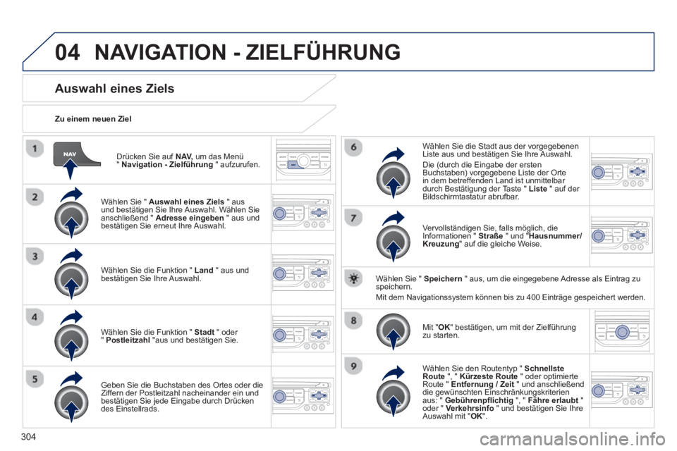 PEUGEOT 3008 2013.5. Betriebsanleitungen (in German) 04
304
Drücken Sie auf NAV,
um das Menü
" Navigation - Zielführung
" aufzurufen.
Zu einem neuen Ziel
Auswahl eines Ziels
Wählen Sie " Auswahl ein PEUGEOT 3008 2013.5. Betriebsanleitungen (in German) 04
304
Drücken Sie auf NAV,
um das Menü
" Navigation - Zielführung
" aufzurufen.
Zu einem neuen Ziel
Auswahl eines Ziels
Wählen Sie " Auswahl ein