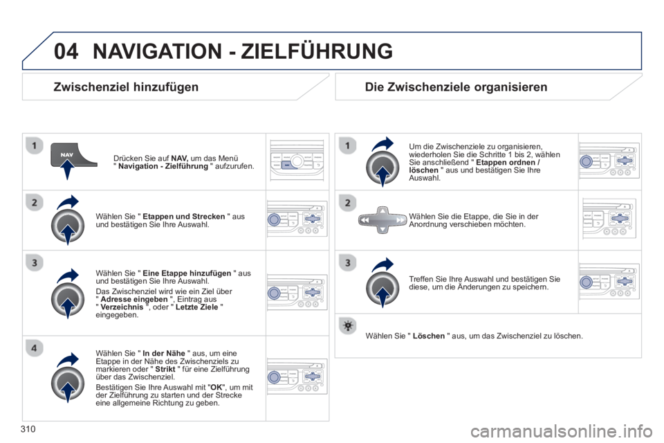 PEUGEOT 3008 2013.5. Betriebsanleitungen (in German) 04
310
Zwischenziel hinzufügen
Drücken Sie auf NAV,
um das Menü
" Navigation - Zielführung
" aufzurufen.
Wählen Sie " Etappen und Strecken
" aus
und bestätigen Sie Ihre PEUGEOT 3008 2013.5. Betriebsanleitungen (in German) 04
310
Zwischenziel hinzufügen
Drücken Sie auf NAV,
um das Menü
" Navigation - Zielführung
" aufzurufen.
Wählen Sie " Etappen und Strecken
" aus
und bestätigen Sie Ihre