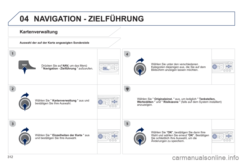 PEUGEOT 3008 2013.5. Betriebsanleitungen (in German) 04
312
Drücken Sie auf NAV,
um das Menü
" Navigation - Zielführung
" aufzurufen.
Kartenverwaltung
Auswahl der auf der Karte angezeigten Sonderziele
Wählen Sie " Karten PEUGEOT 3008 2013.5. Betriebsanleitungen (in German) 04
312
Drücken Sie auf NAV,
um das Menü
" Navigation - Zielführung
" aufzurufen.
Kartenverwaltung
Auswahl der auf der Karte angezeigten Sonderziele
Wählen Sie " Karten