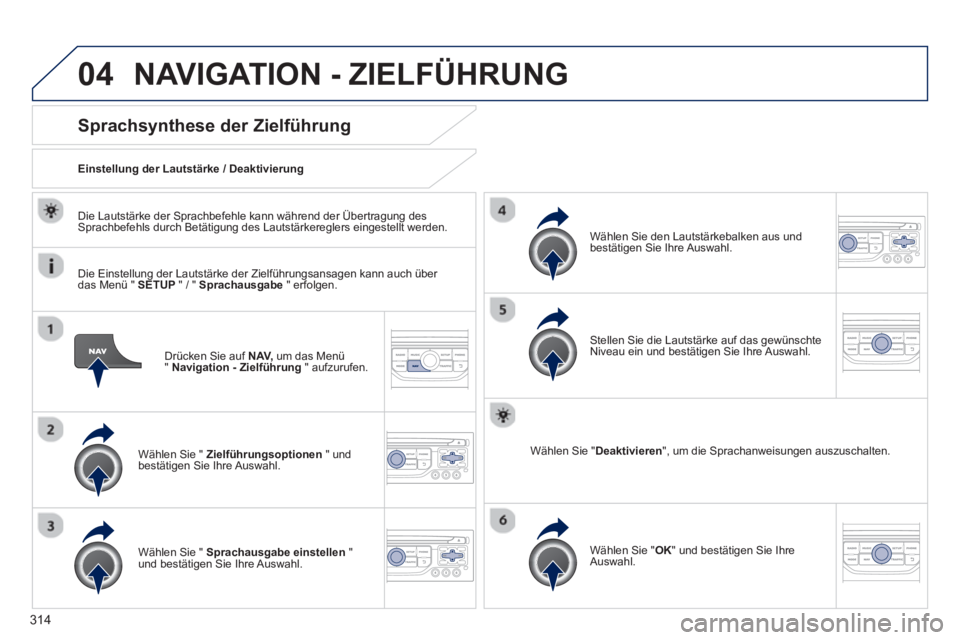 PEUGEOT 3008 2013.5. Betriebsanleitungen (in German) 04
314
Drücken Sie auf NAV,
um das Menü
" Navigation - Zielführung
" aufzurufen.
Sprachsynthese der Zielführung
Wählen Sie " Zielführungsoptionen
" und
bestä PEUGEOT 3008 2013.5. Betriebsanleitungen (in German) 04
314
Drücken Sie auf NAV,
um das Menü
" Navigation - Zielführung
" aufzurufen.
Sprachsynthese der Zielführung
Wählen Sie " Zielführungsoptionen
" und
bestä