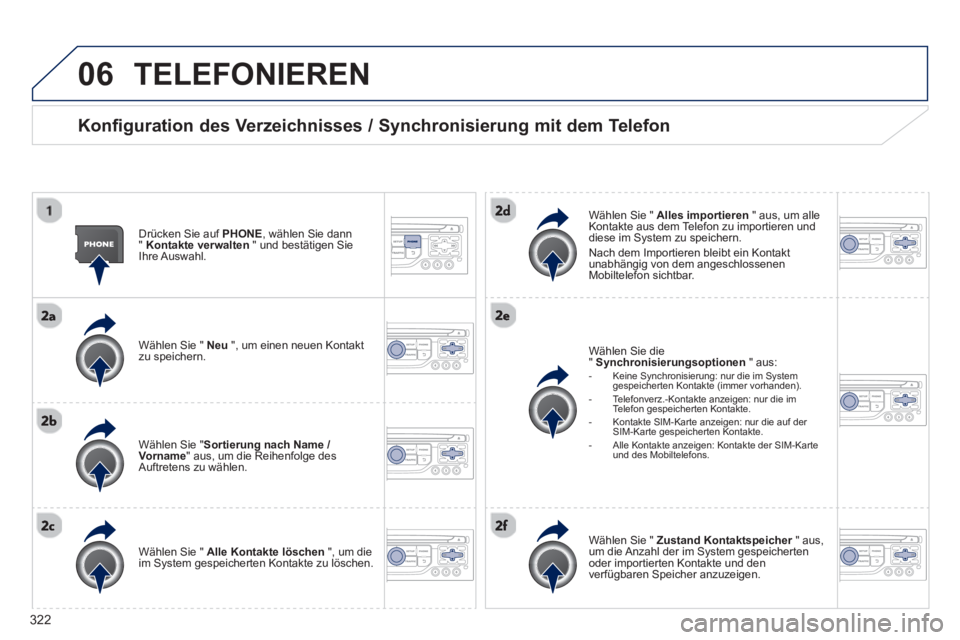 PEUGEOT 3008 2013.5. Betriebsanleitungen (in German) 06
322
TELEFONIEREN
Konfiguration des Verzeichnisses / Synchronisierung mit dem Telefon
Drücken Sie auf PHONE
, wählen Sie dann
" Kontakte verwalten
" und bestätigen Sie
Ihre Aus PEUGEOT 3008 2013.5. Betriebsanleitungen (in German) 06
322
TELEFONIEREN
Konfiguration des Verzeichnisses / Synchronisierung mit dem Telefon
Drücken Sie auf PHONE
, wählen Sie dann
" Kontakte verwalten
" und bestätigen Sie
Ihre Aus