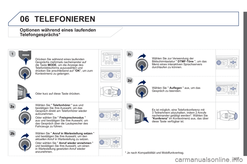 PEUGEOT 3008 2013.5. Betriebsanleitungen (in German) 06
327
Optionen während eines laufenden
Telefongesprächs *
Drücken Sie während eines laufenden
Gesprächs mehrmals nacheinander auf
die Taste MODE
, um die Anzeige des
Telefonbilds PEUGEOT 3008 2013.5. Betriebsanleitungen (in German) 06
327
Optionen während eines laufenden
Telefongesprächs *
Drücken Sie während eines laufenden
Gesprächs mehrmals nacheinander auf
die Taste MODE
, um die Anzeige des
Telefonbilds