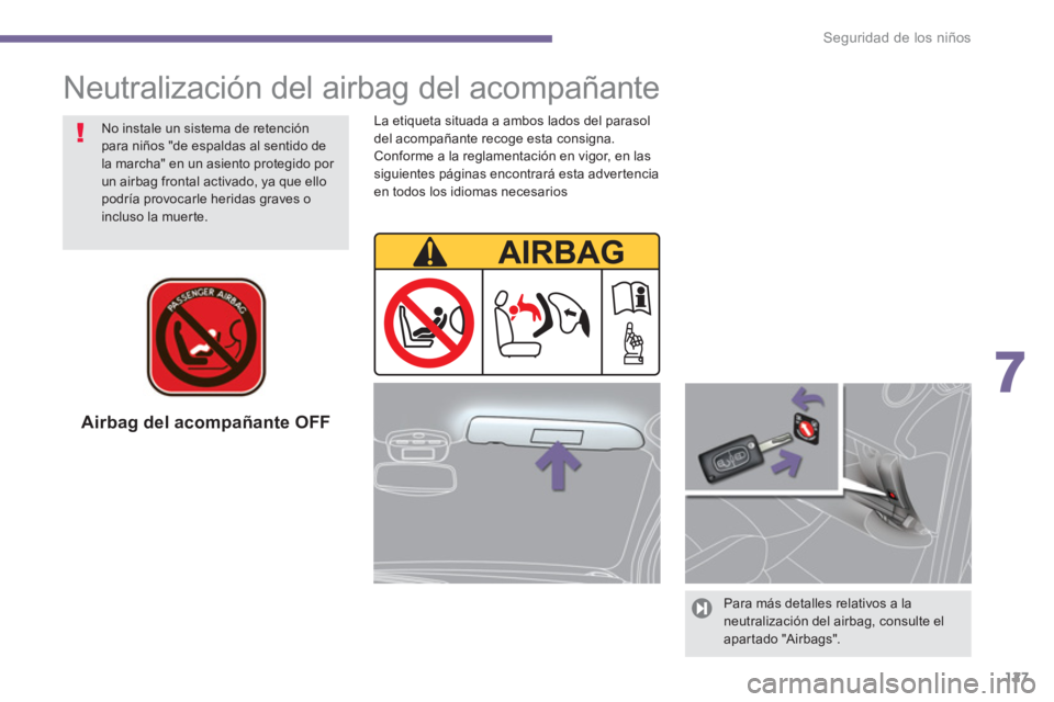 PEUGEOT 308 2024  Instrukcja obsługi (in Polish) 7
Seguridad de los niños
127
   
Airbag del acompañante OFF  
 
 
Para más detalles relativos a la 
neutralización del airbag, consulte el 
apartado "Airbags".  
     
No instale un sistema de ret