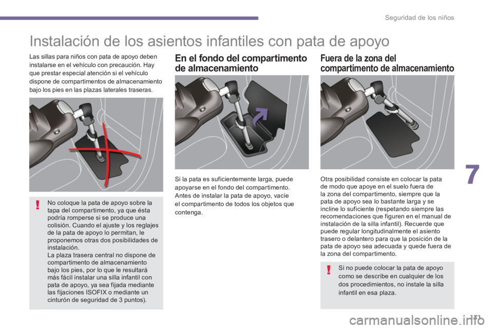 PEUGEOT 308 2024  Instrukcja obsługi (in Polish) 7
Seguridad de los niños
131
  Instalación de los asientos infantiles con pata de apoyo  
 
 
En el fondo del compartimento 
de almacenamiento    
Fuera de la zona del 
compartimento de almacenamien