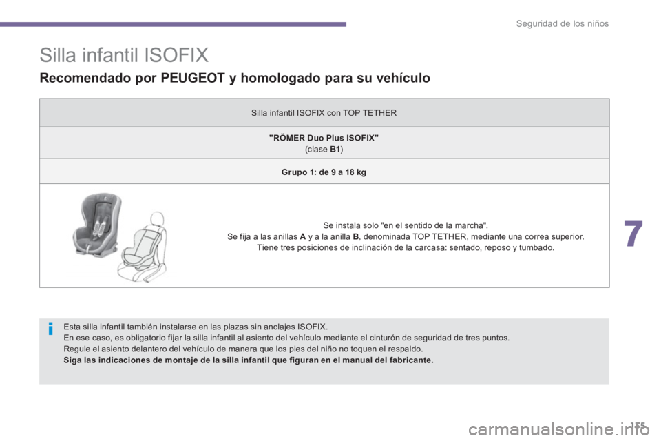 PEUGEOT 308 2024  Instrukcja obsługi (in Polish) 7
Seguridad de los niños
135
   
 
 
 
 
 
 
 
 
 
 
 
 
 
 
 
Silla infantil ISOFIX 
 
 
Esta silla infantil también instalarse en las plazas sin anclajes ISOFIX. 
  En ese caso, es obligatorio fij
