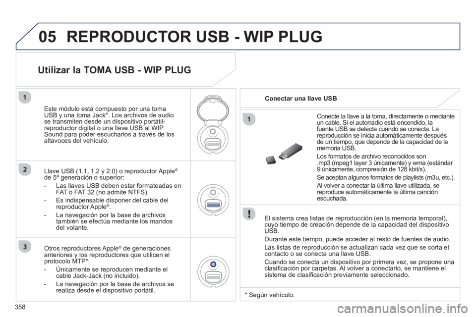 PEUGEOT 308 2024  Instrukcja obsługi (in Polish) 05
358
  REPRODUCTOR USB - WIP PLUG 
 
 
El sistema crea listas de reproducción (en la memoria temporal), 
cuyo tiempo de creación depende de la capacidad del dispositivo 
USB. 
  Durante este tiemp