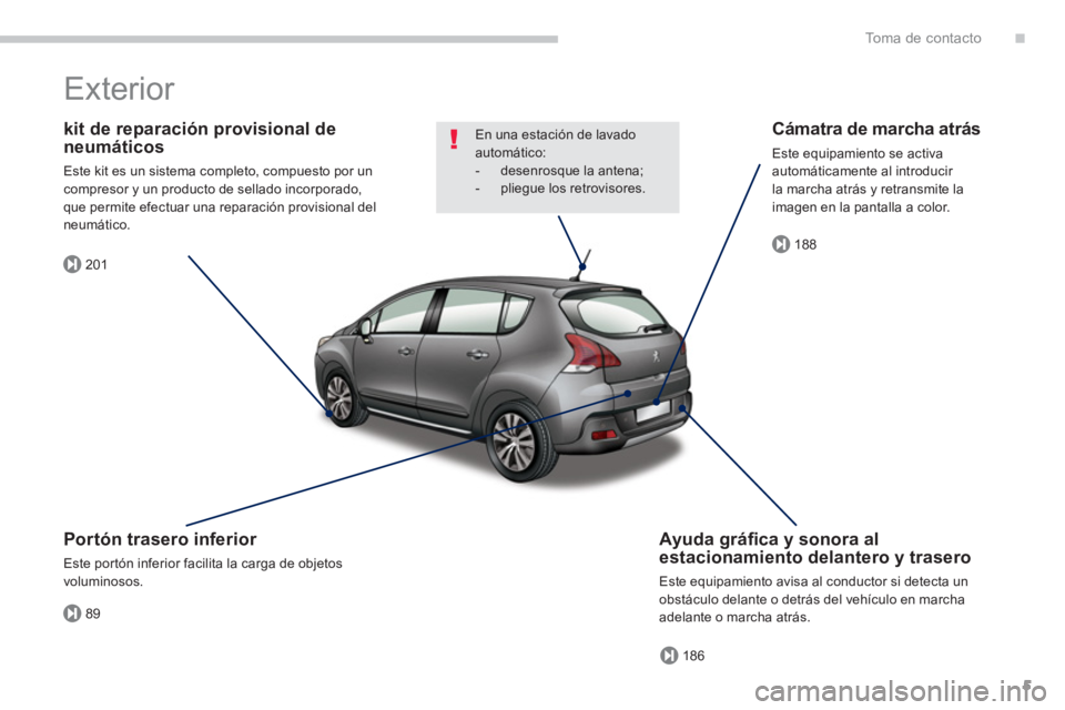 PEUGEOT 3008 2013.5.  Manual del propietario (in Spanish) .
89
201
186
188
To m a  d e  c o n t a c t o
5
  Exterior  
 
 
kit de reparación provisional de 
neumáticos 
  Este kit es un sistema completo, compuesto por un 
compresor y un producto de sellado