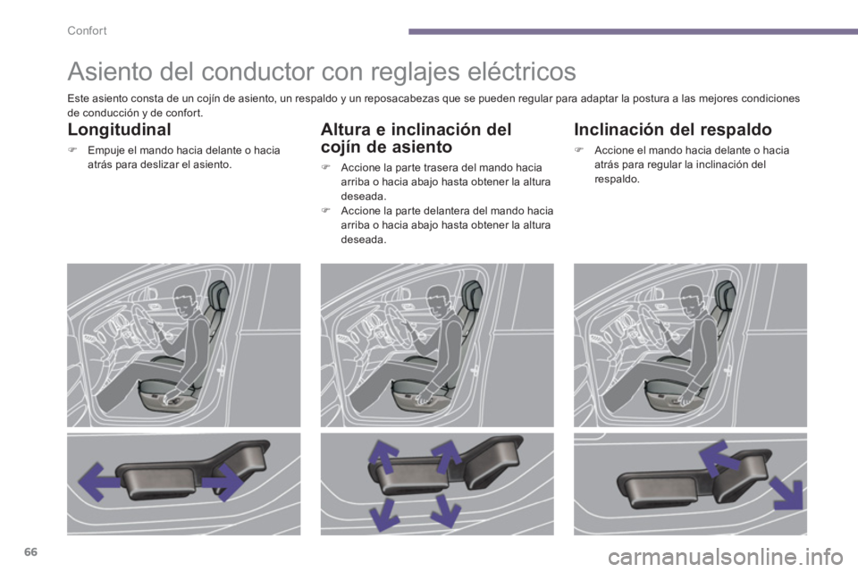 PEUGEOT 308 2024  Instrukcja obsługi (in Polish) Confort
66
   
 
 
 
 
 
 
 
 
 
 
Asiento del conductor con reglajes eléctricos 
 
 
Longitudinal 
 
 
 
�) 
  Empuje el mando hacia delante o hacia 
atrás para deslizar el asiento.  
 
 
 
Altura 