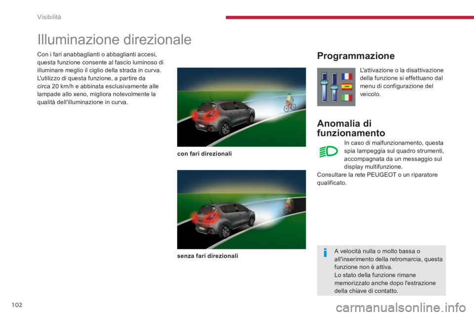 PEUGEOT 3008 2013.5.  Manuale duso (in Italian) Visibilità
102
   
 
 
 
 
 
 
Illuminazione direzionale 
 
 
con fari direzionali 
 
   
senza fari direzionali 
 
 
 
Programmazione 
   
Anomalia di 
funzionamento 
  Lattivazione o la disattivaz