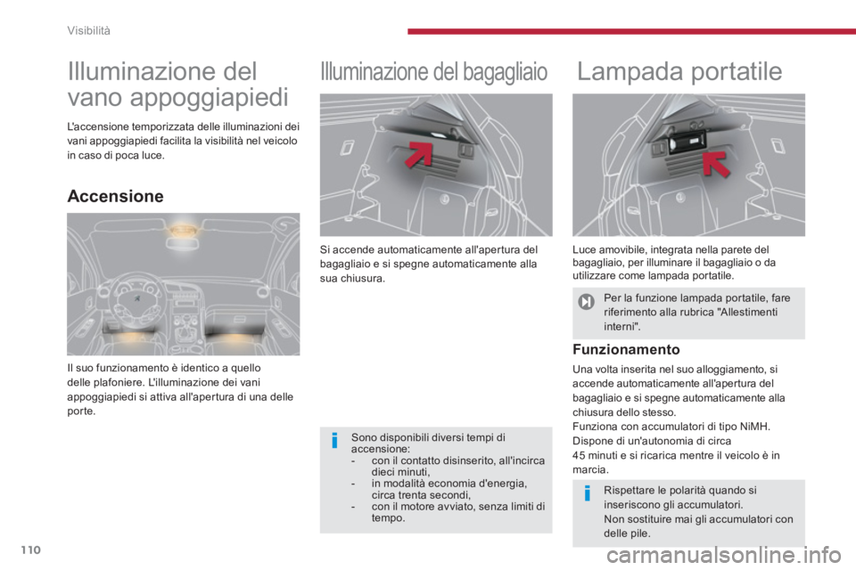 PEUGEOT 3008 2013.5.  Manuale duso (in Italian) Visibilità
110
   
Si accende automaticamente allapertura del 
bagagliaio e si spegne automaticamente alla 
sua chiusura. 
   
 
 
 
 
Illuminazione del bagagliaio  
 
 
 
 
 
Lampada portatile 
 
 