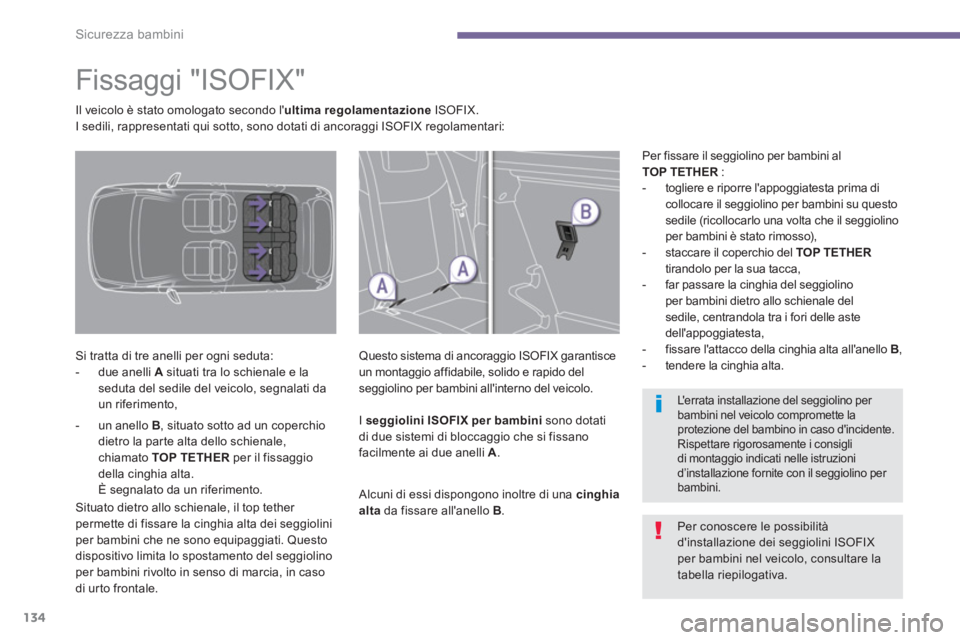 PEUGEOT 3008 2013.5. Manuale duso (in Italian) Sicurezza bambini
134
Fissaggi "ISOFIX"
Si tratta di tre anelli per ogni seduta:
- due anelli A
situati tra lo schienale e la
seduta del sedile del veicolo, PEUGEOT 3008 2013.5. Manuale duso (in Italian) Sicurezza bambini
134
Fissaggi "ISOFIX"
Si tratta di tre anelli per ogni seduta:
- due anelli A
situati tra lo schienale e la
seduta del sedile del veicolo,