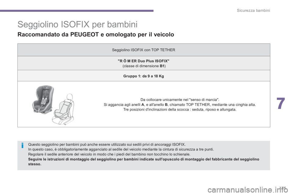 PEUGEOT 3008 2013.5. Manuale duso (in Italian) 7
Sicurezza bambini
135
Seggiolino ISOFIX per bambini
Questo seggiolino per bambini può anche essere utilizzato sui sedili privi di ancoraggi ISOFIX.
In qu PEUGEOT 3008 2013.5. Manuale duso (in Italian) 7
Sicurezza bambini
135
Seggiolino ISOFIX per bambini
Questo seggiolino per bambini può anche essere utilizzato sui sedili privi di ancoraggi ISOFIX.
In qu