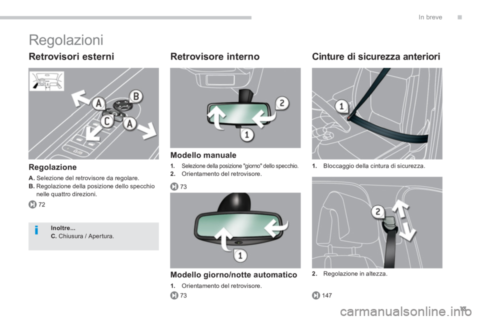 PEUGEOT 3008 2013.5.  Manuale duso (in Italian) .
72
73
73147
In breve
13
  Regolazioni 
 
 
Retrovisori esterni 
 
 
Regolazione 
 
 
A. 
 Selezione del retrovisore da regolare. 
   
B. 
  Regolazione della posizione dello specchio 
nelle quattro 