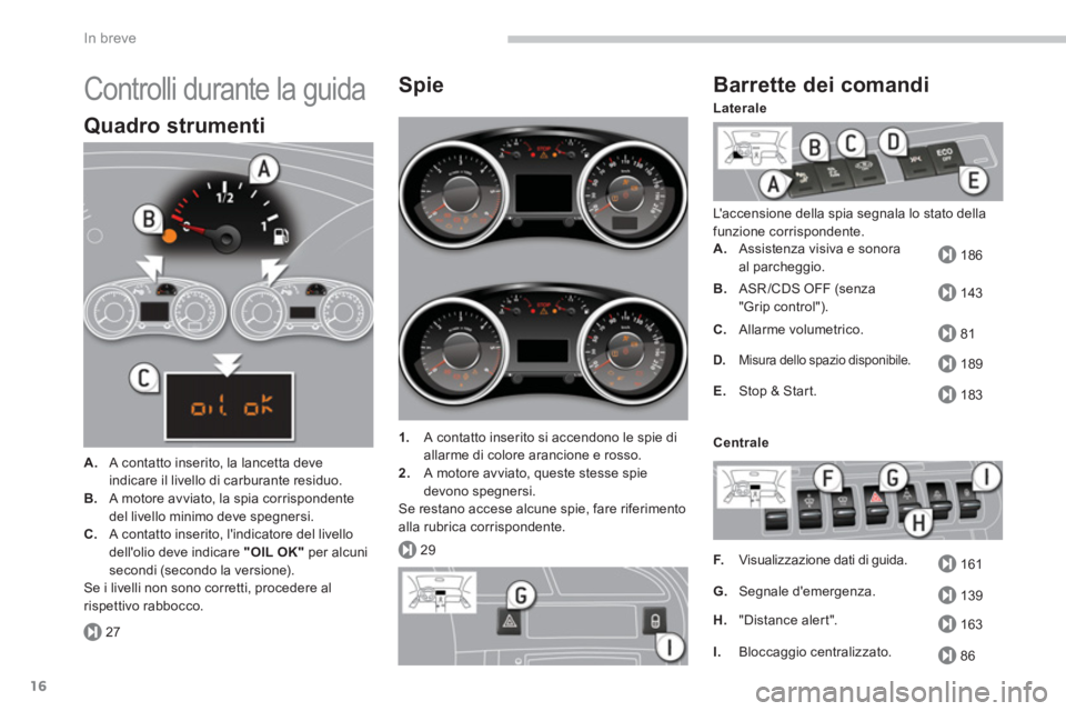 PEUGEOT 3008 2013.5.  Manuale duso (in Italian) 27
29
186
143
81
189
183
161
139
163
86
In breve
16
  Controlli durante la guida 
 
 
Quadro strumenti 
 
 
 
A. 
  A contatto inserito, la lancetta deve 
indicare il livello di carburante residuo. 
 
