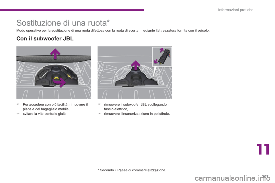 PEUGEOT 3008 2013.5.  Manuale duso (in Italian) 11
Informazioni pratiche
207
   
 
 
�) 
  Per accedere con più facilità, rimuovere il 
pianale del bagagliaio mobile, 
   
�) 
  svitare la vite centrale gialla,  
 
 
 
 
 
 
 
 
 
 
 
 
 
 
 
 
 
