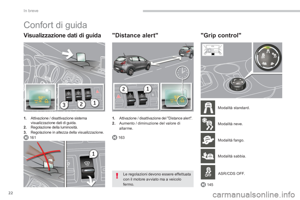 PEUGEOT 3008 2013.5.  Manuale duso (in Italian) 161163
145
In breve
22
  Confort di guida 
 
 
Visualizzazione dati di guida 
 
 
 
1. 
  Attivazione / disattivazione sistema 
visualizzazione dati di guida. 
   
2. 
  Regolazione della luminosità.