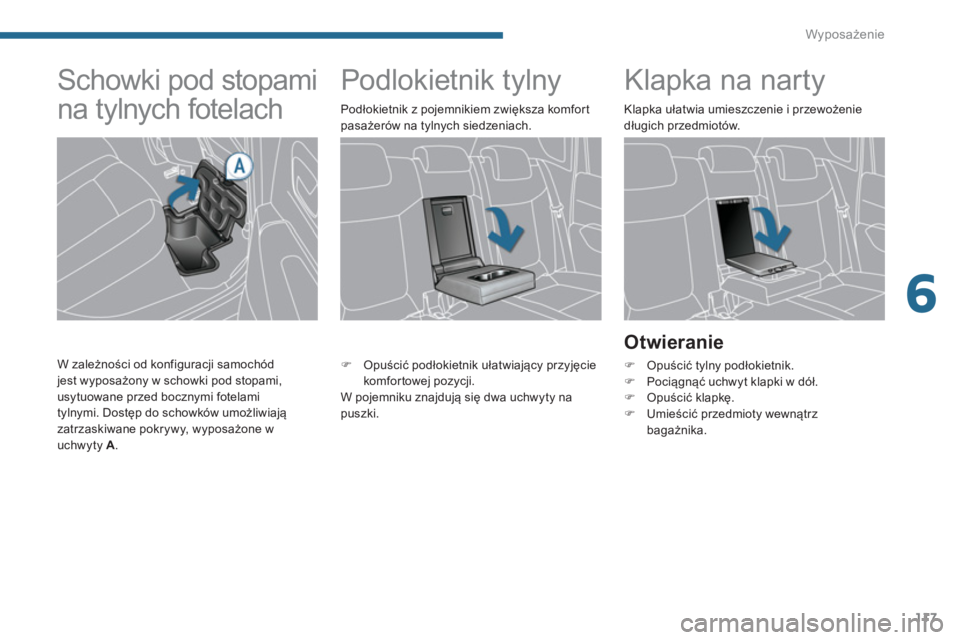 PEUGEOT 3008 2013.5.  Instrukcja obsługi (in Polish) 6
Wyposażenie
117
   
 
 
 
 
 
 
 
Podlokietnik tylny    
 
 
 
 
 
 
 
Klapka na narty 
 
 
Otwieranie 
 
 
 
�) 
 Opuścić tylny podłokietnik. 
   
�) 
 Pociągnąć uchwyt klapki w dół. 
   
