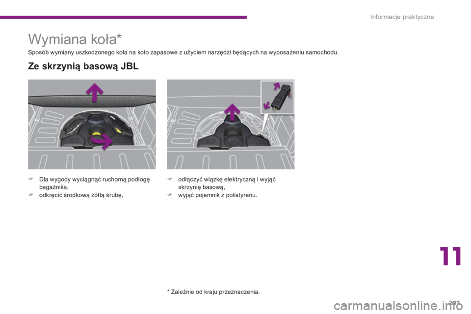 PEUGEOT 3008 2013.5.  Instrukcja obsługi (in Polish) 11
Informacje praktyczne
207
   
 
 
�) 
  Dla wygody wyciągnąć ruchomą podłogę 
bagażnika, 
   
�) 
 odkręcić środkową żółtą śrubę,  
 
 
 
 
 
 
 
 
 
 
 
 
 
 
 
 
 
Ze skrzynią b