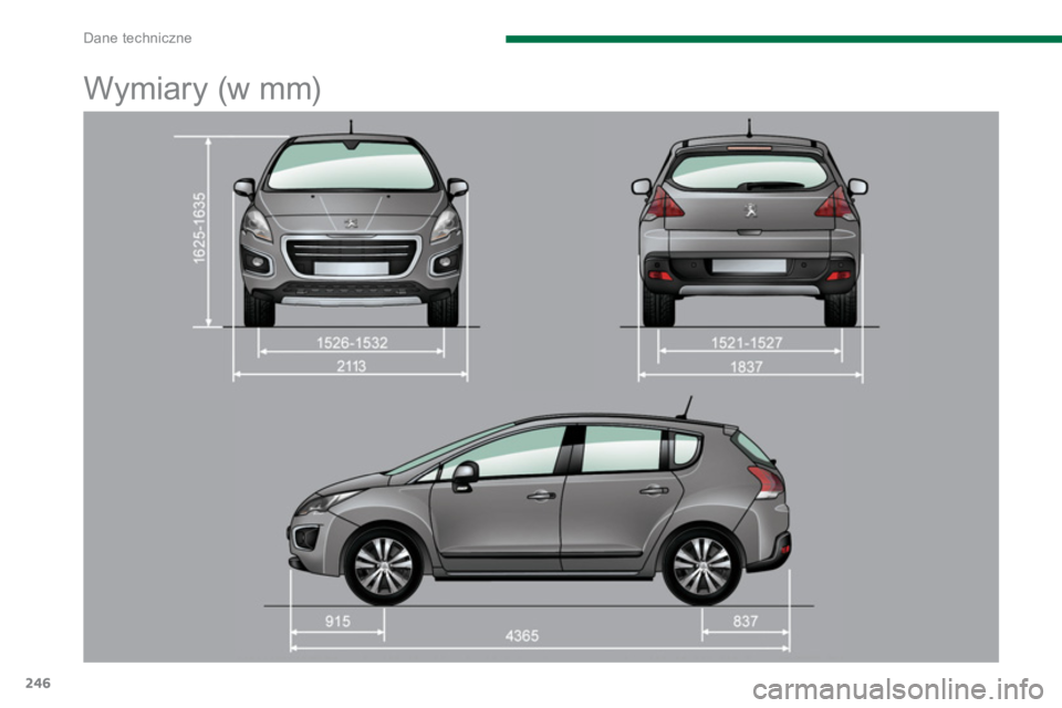 PEUGEOT 3008 2013.5. Instrukcja obsługi (in Polish) Dane techniczne
246
Wymiary (w mm) PEUGEOT 3008 2013.5. Instrukcja obsługi (in Polish) Dane techniczne
246
Wymiary (w mm)