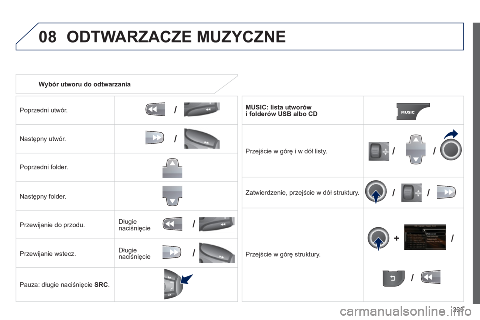 PEUGEOT 3008 2013.5.  Instrukcja obsługi (in Polish) 08
/
/
//
//
/ +/
/
/
335    
 
Wybór utworu do odtwarzania  
   
Poprzedni utwór.  
   
Następny utwór.  
   
Poprzedni folder.  
   
Następny folder.  
   
Przewijanie do przodu. 
   
Przewijan