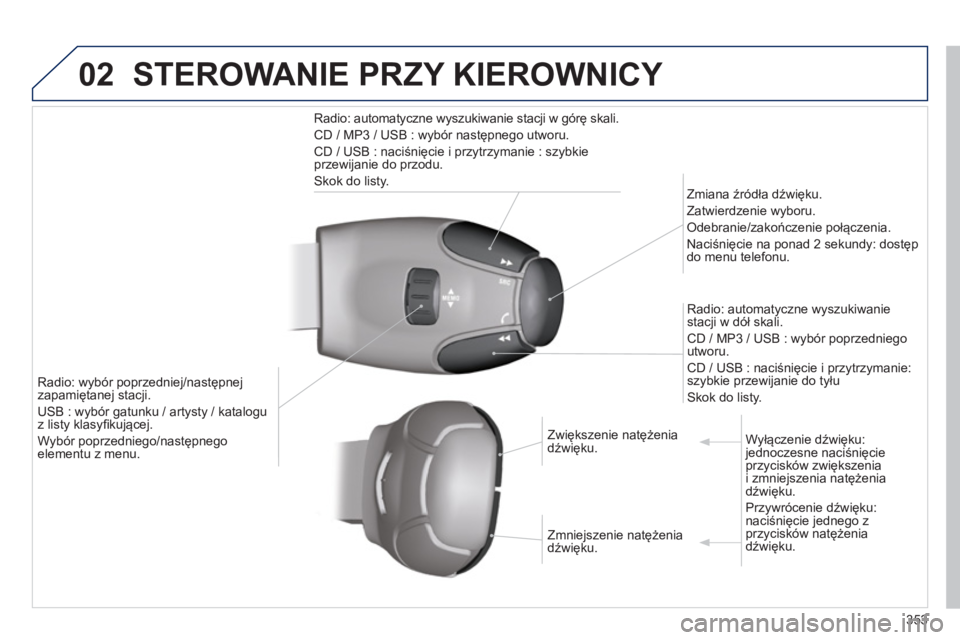 PEUGEOT 3008 2013.5. Instrukcja obsługi (in Polish) 02
353
STEROWANIE PRZY KIEROWNICY
Radio: automatyczne wyszukiwanie stacji w górę skali.
CD / MP3 / USB : wybór następnego utworu.
CD / USB : naciśnięcie i przytrzymanie : szybkie
p PEUGEOT 3008 2013.5. Instrukcja obsługi (in Polish) 02
353
STEROWANIE PRZY KIEROWNICY
Radio: automatyczne wyszukiwanie stacji w górę skali.
CD / MP3 / USB : wybór następnego utworu.
CD / USB : naciśnięcie i przytrzymanie : szybkie
p