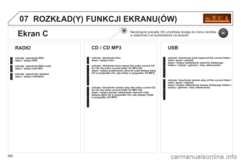 PEUGEOT 3008 2013.5. Instrukcja obsługi (in Polish) 07
366
ROZKŁAD(Y) FUNKCJI EKRANU(ÓW)
włącz / wyłącz RDS
włącz / wyłącz tryb REG
włącz / wyłącz radiotekst
RADIO
włącz / wyłącz Intro
CD / CD MP3 PEUGEOT 3008 2013.5. Instrukcja obsługi (in Polish) 07
366
ROZKŁAD(Y) FUNKCJI EKRANU(ÓW)
włącz / wyłącz RDS
włącz / wyłącz tryb REG
włącz / wyłącz radiotekst
RADIO
włącz / wyłącz Intro
CD / CD MP3