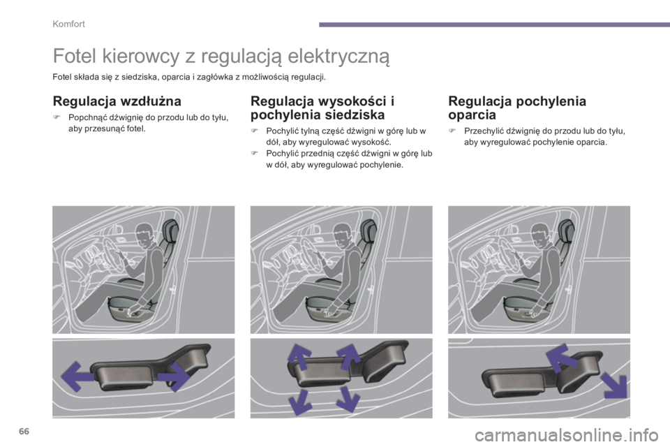 PEUGEOT 3008 2013.5.  Instrukcja obsługi (in Polish) Komfor t
66
   
 
 
 
 
 
 
 
 
 
 
Fotel kierowcy z regulacją elektryczną 
 
 
Regulacja wzdłużna 
 
 
 
�) 
 Popchnąć dźwignię do przodu lub do tyłu, 
aby przesunąć fotel.  
 
 
 
Regulac