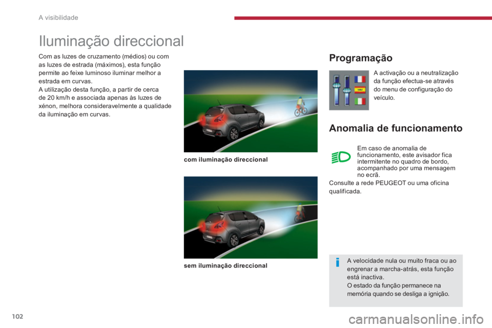 PEUGEOT 3008 2013.5.  Manual de utilização (in Portuguese) A visibilidade
102
   
 
 
 
 
 
 
 
Iluminação direccional 
 
 
com iluminação direccional 
 
   
sem iluminação direccional 
 
 
 
Programação 
   
Anomalia de funcionamento 
 
A activação