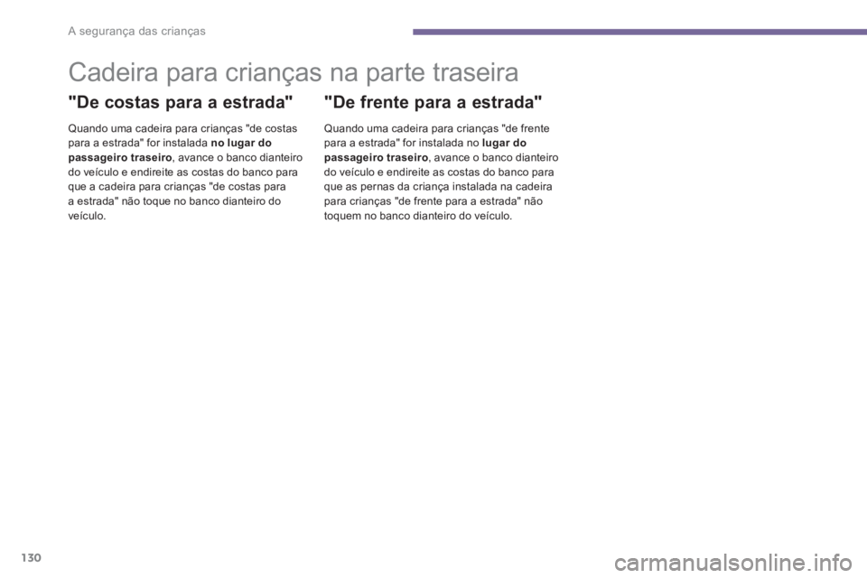 PEUGEOT 3008 2013.5.  Manual de utilização (in Portuguese) A segurança das crianças
130
   
 
 
 
 
 
 
 
 
 
 
Cadeira para crianças na parte traseira 
 
 
"De costas para a estrada" 
 
 
Quando uma cadeira para crianças "de costas 
para a estrada" for i
