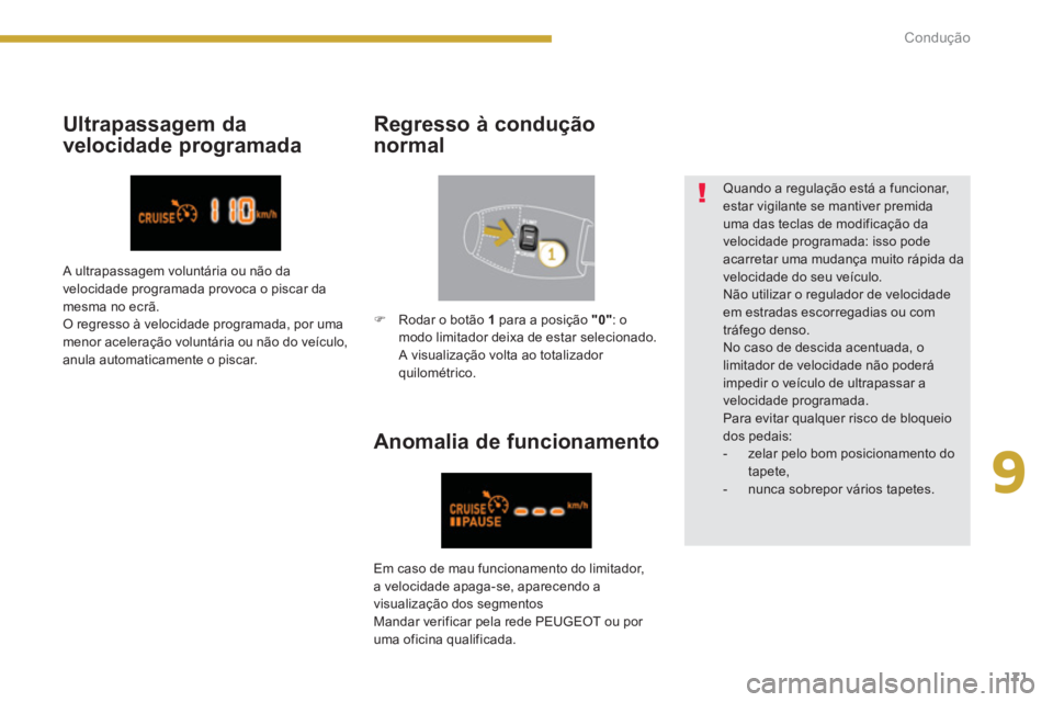 PEUGEOT 3008 2013.5.  Manual de utilização (in Portuguese) 9
171 Condução
   
Ultrapassagem da 
velocidade programada    
Regresso à condução 
normal 
   
Anomalia de funcionamento 
 
 
Quando a regulação está a funcionar, 
estar vigilante se mantiver