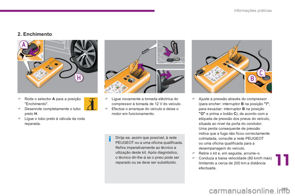 PEUGEOT 3008 2013.5.  Manual de utilização (in Portuguese) 11
Informações práticas
205
   
 
 
�) 
  Rode o selector  A 
 para a posição 
"Enchimento". 
   
�) 
  Desenrole completamente o tubo 
preto  H 
. 
   
�) 
  Ligue o tubo preto à válvula da ro