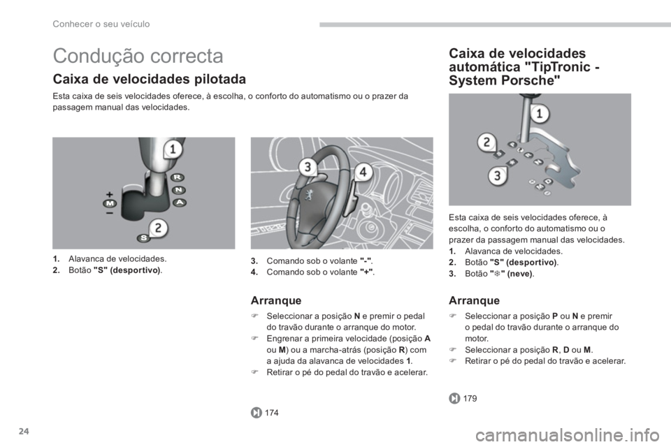 PEUGEOT 3008 2013.5.  Manual de utilização (in Portuguese) 174
179
Conhecer o seu veículo
24
  Condução correcta 
 
 
Caixa de velocidades pilotada 
 
 
Esta caixa de seis velocidades oferece, à escolha, o conforto do automatismo ou o prazer da 
passagem 