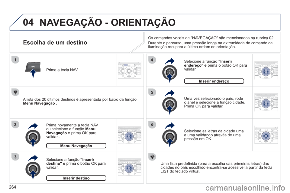 PEUGEOT 3008 2013.5.  Manual de utilização (in Portuguese) 264
04
NAV2ABC3DEF5JKL4GHI6MNO8TUV7PQRS9WXYZ0*#
1RADIO MEDIANAV TRAFFIC
SETUPADDR
BOOK
2ABC3DEF5JKL4GHI6MNO8TUV7PQRS9WXYZ0*#
1RADIO MEDIANAV TRAFFIC
SETUPADDR
BOOK
2ABC3DEF5JKL4GHI6MNO8TUV7PQRS9WXYZ0*